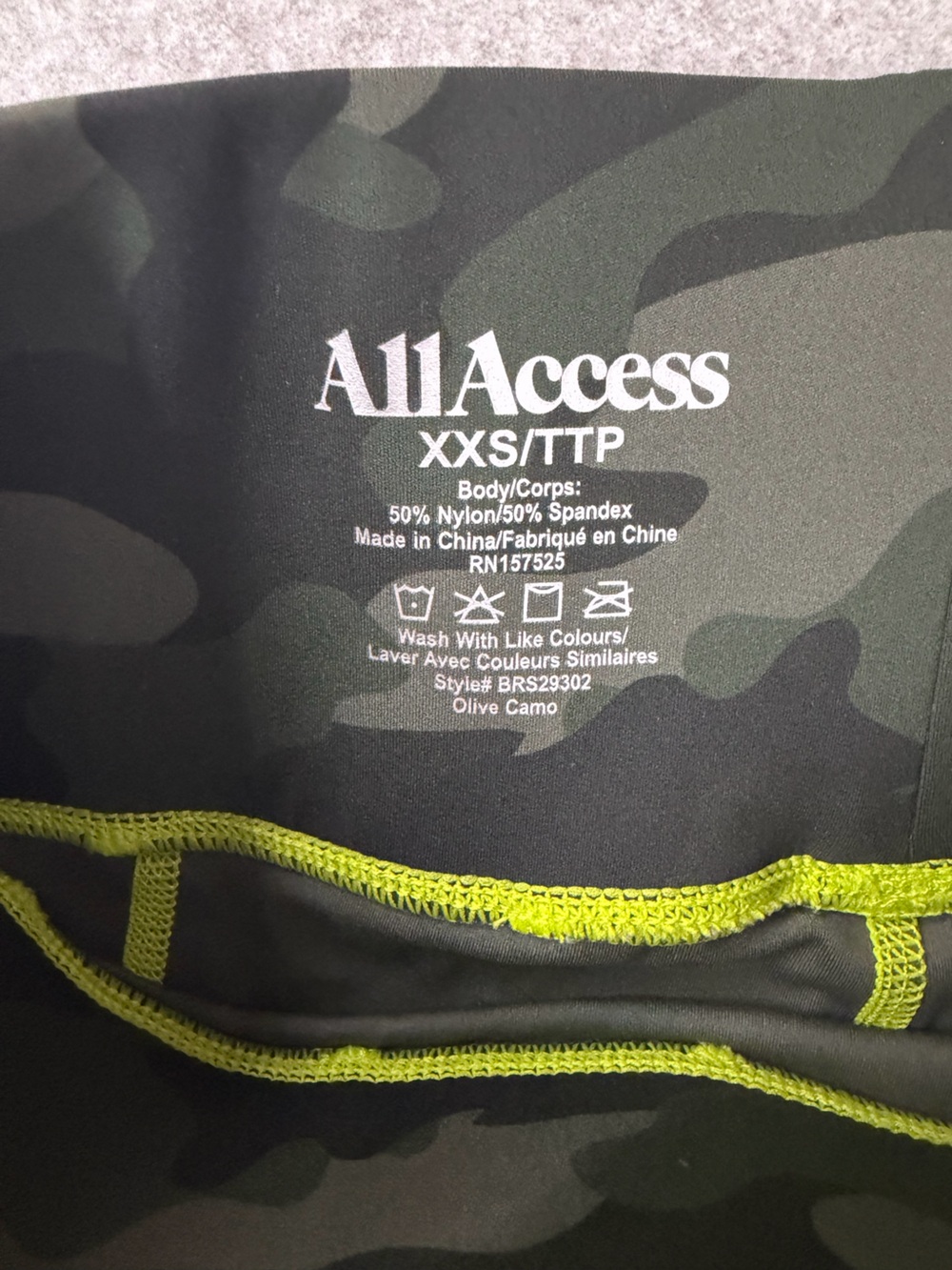 ALL ACCESS Olive Camo Leggings with Lime Stitching